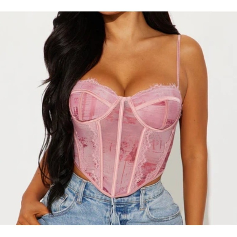 NWT Fashion Nova Corset Top Women's Size L Pink Mesh Lace Coquette - Picture 1 of 9